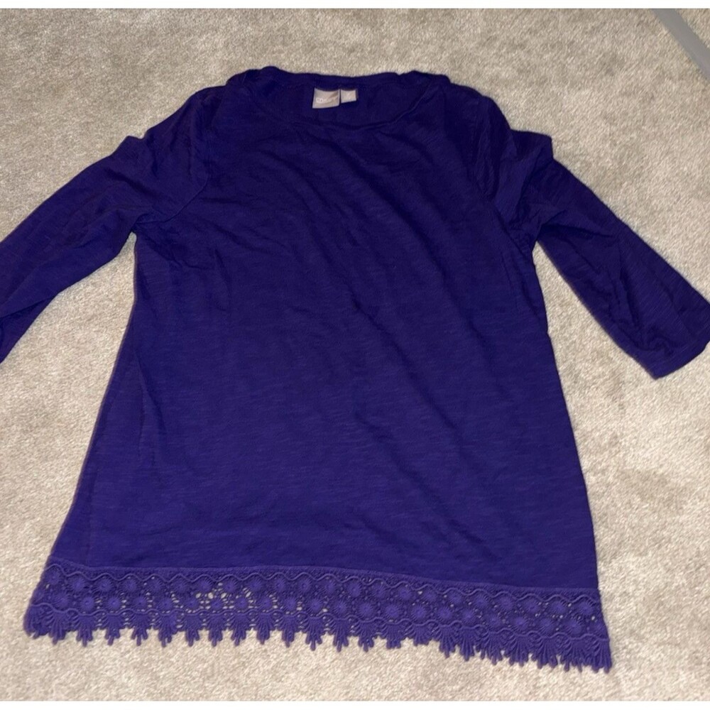 Chicos size 2 women's size 12 purple t-shirt long sleeve tunic lace crochet hem